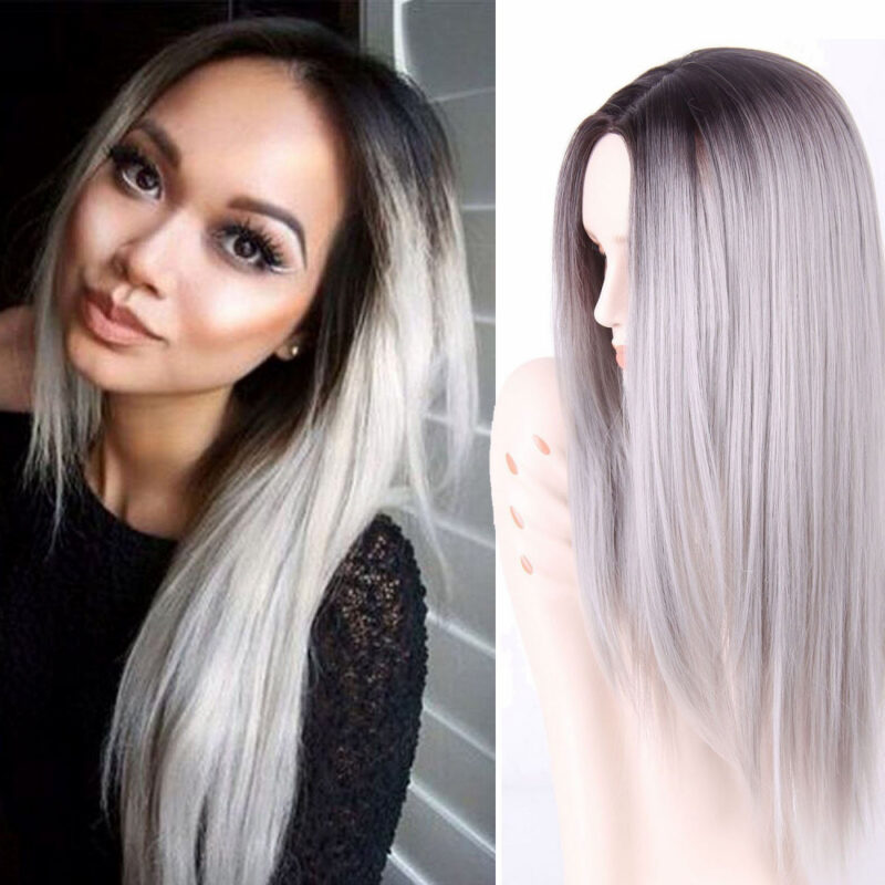 Long straight ombre grey wig