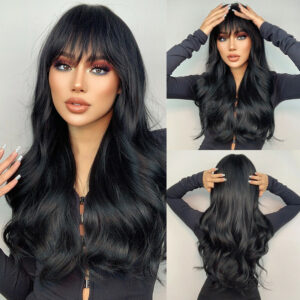 long black wave wigs with bangs for women