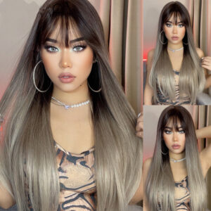 long straight ombre grey wigs with bangs